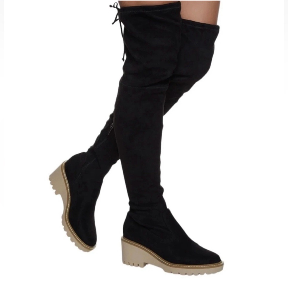 NEW Nicole Miller Bass Over The Knee Stretch Faux Suede Platform Boots Black 8.5